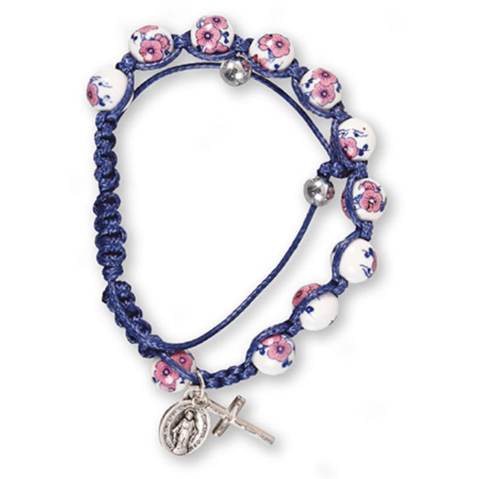 Macrame Rosary Bracelet, Blue With Floral Porcelain Beads
