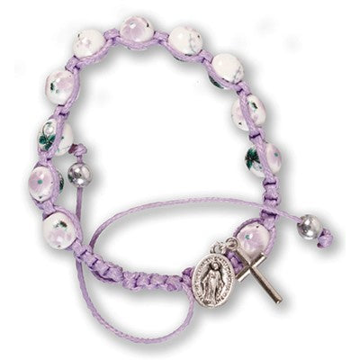 Macrame Rosary Bracelet, Lilac With Floral Porcelain Beads