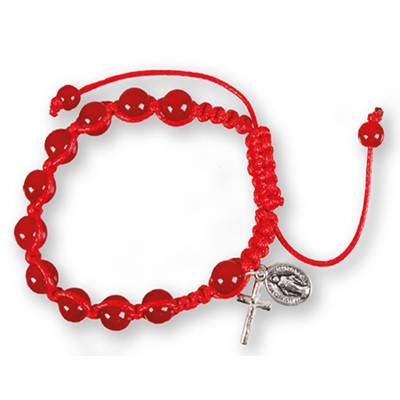 Macrame Rosary Bracelet, Red Glass Beads