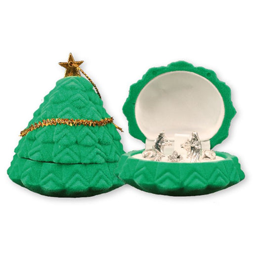 Christmas Crib Figures, Miniature Nativity Set in a Christmas Tree Shaped Box, With A Gold Cord Hanger