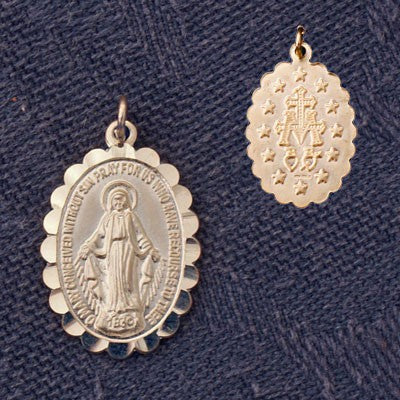 Miraculous Medal 12mm High Sterling Silver Pendant With Scalloped Edge