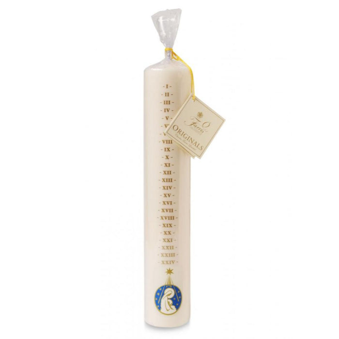 Dated White and Gold Coloured Advent Candle, Size 12 Inches High Mother & Child Design With Roman Numerals