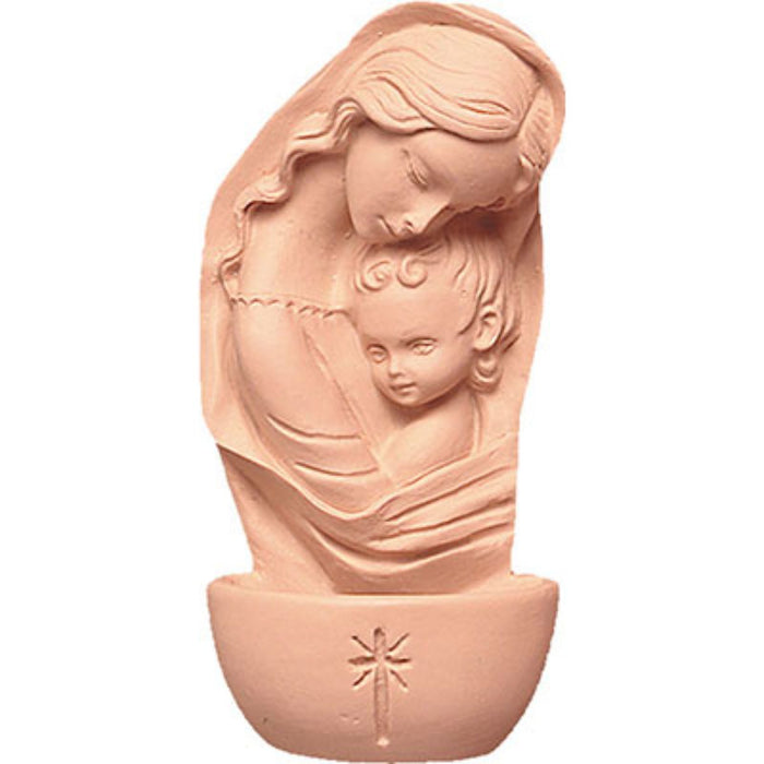 Madonna and Child, Terracotta Coloured Resin Holy Water Font 5 Inches High
