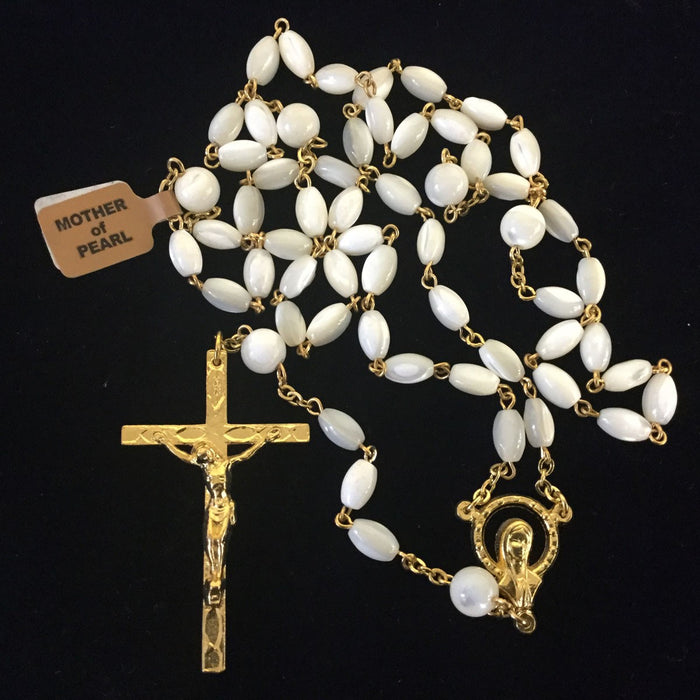 Mother of Pearl Rosary, Gold Plated Crucifix & Junction Bead Size 4mm x 8mm