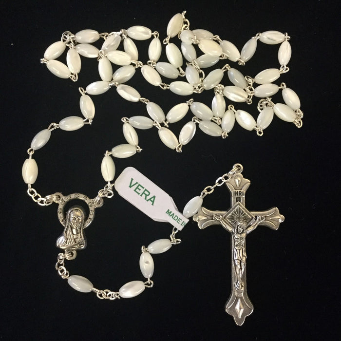 Mother of Pearl Rosary, Nickel Silver Plated Crucifix & Junction Bead Size 4mm x 6mm
