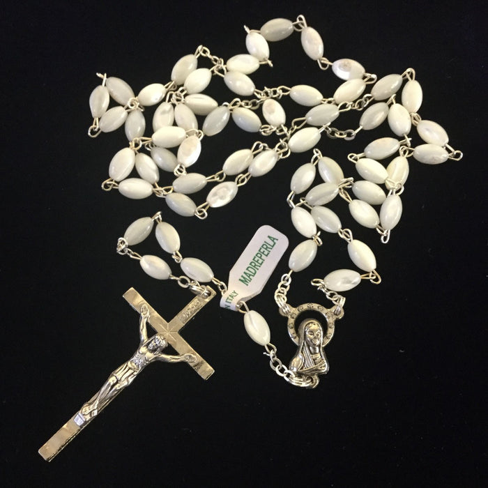 Mother of Pearl Rosary, Nickel Silver Plated Crucifix & Junction Bead Size 4mm x 7mm