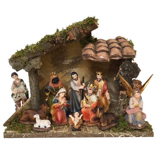 Christmas Crib Set, 11 Nativity Crib Set, Crib Figures 9cm - 3.5 Inches High and 25cm - 10 Inch Wide Stable With LED Lights