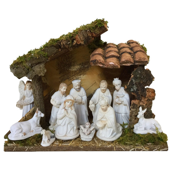Christmas Crib Set, 11 Nativity Crib Set, Ivory White Crib Figures 9cm - 3.5 Inches High and 25cm - 10 Inch Wide Stable With LED Lights