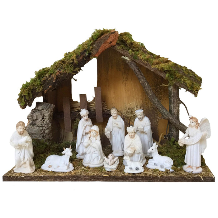 Christmas Crib Set, 11 Nativity Crib Set, Ivory White Crib Figures 9cm - 3.5 Inches High and 32cm - 12.5 Inch Wide Stable With LED Lights