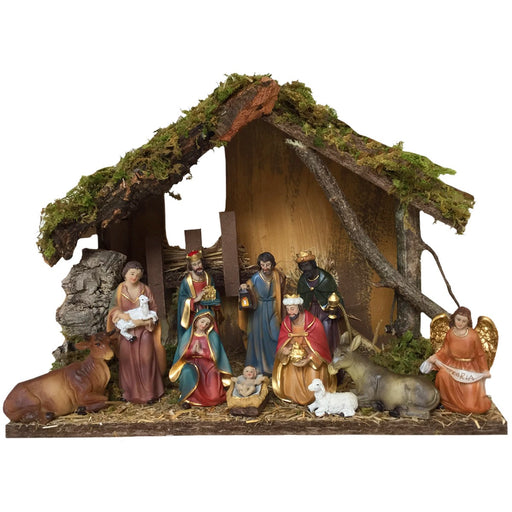 Christmas Crib Set, Nativity Crib Set, 11 Hand Painted Crib Figures Muted Colours 11.5cm - 4.5 Inches High and 32cm - 12.5 Inches Wide Stable With LED Lights