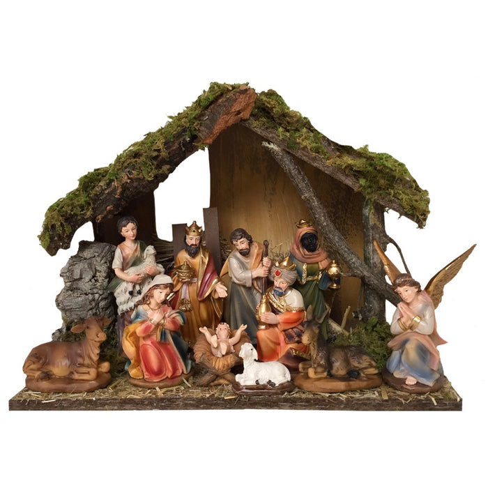 Christmas Crib Set, Nativity Crib Set, 11 Hand Painted Crib Figures 11.5cm - 4.5 Inches High and 32cm - 12.5 Inches Wide Stable With LED Lights