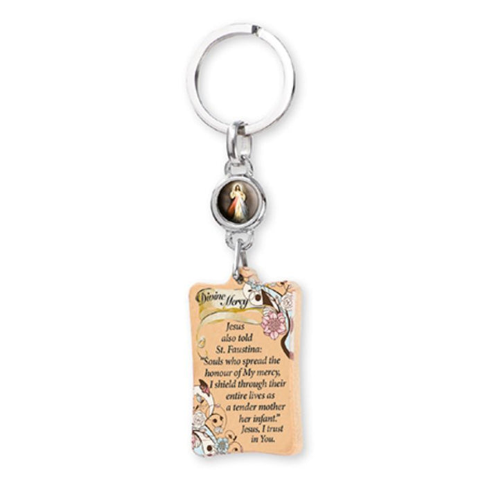 Olive Wood Key Ring With Divine Mercy Medal, 4 Inches / 10cm In Length