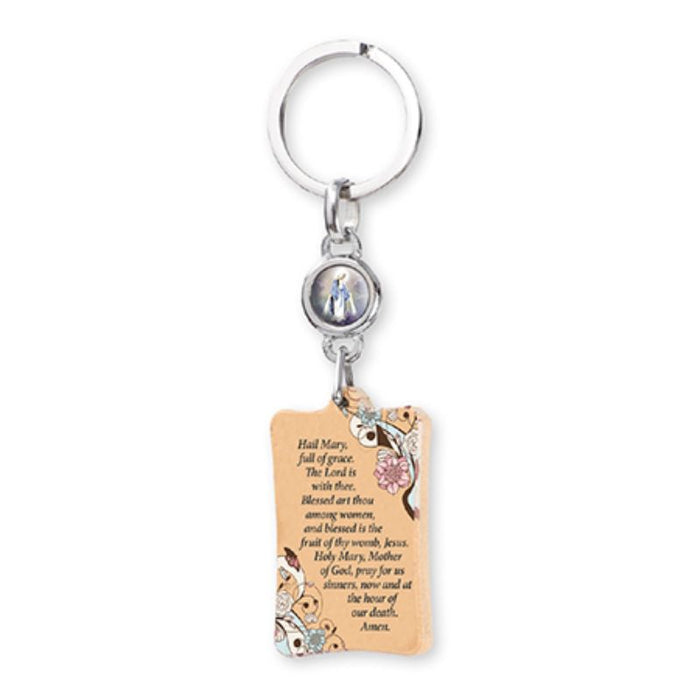 Olive Wood Key Ring With Our Lady of Grace Medal, 4 Inches / 10cm In Length
