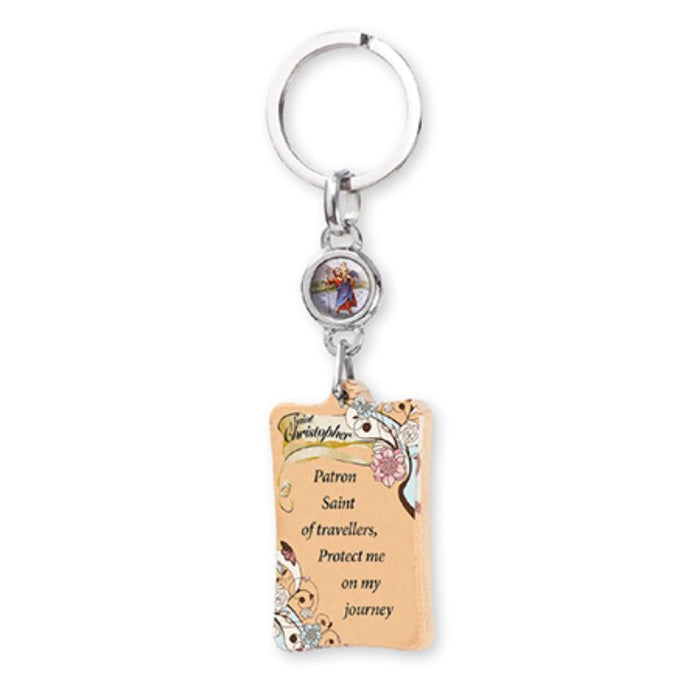 Olive Wood Key Ring With St Christopher Medal, 4 Inches / 10cm In Length
