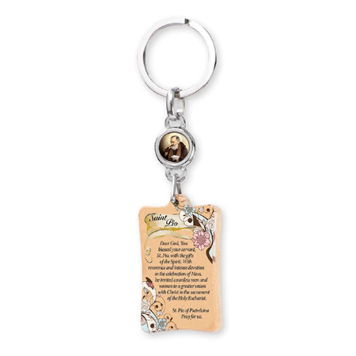Olive Wood Key Ring With St Padre Pio Medal, 4 Inches / 10cm In Length