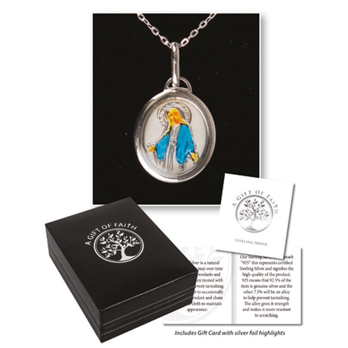 Miraculous Our Lady of Grace, Sterling Silver Pendant With 18 Inch Chain