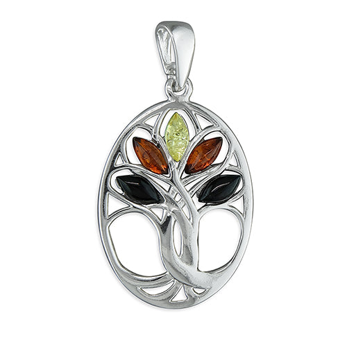 Oval Tree of Life Sterling Silver Pendant, Set With Mixed Amber Stones 28mm Length