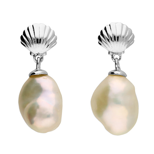 Pilgrim Shell With Keshi Pearl Drops, Sterling Silver Stud Earrings 20mm High