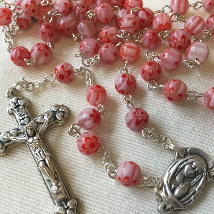 Catholic Rosary Beads, Pink Murano Glass Rosary, 5mm Diameter Round Beads
