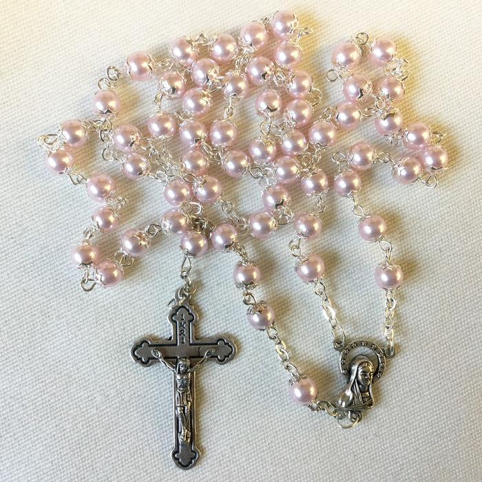 Pink Pearl Rosary Beads 6mm Diameter, Individually Capped Beads For Added Strength
