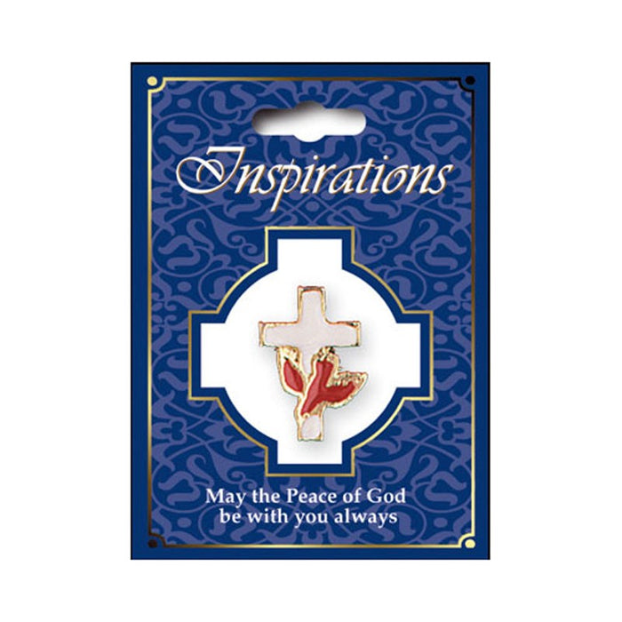 Red Enamelled Dove On White Enamelled Cross, Faith Pin With A Press Stud Fixing