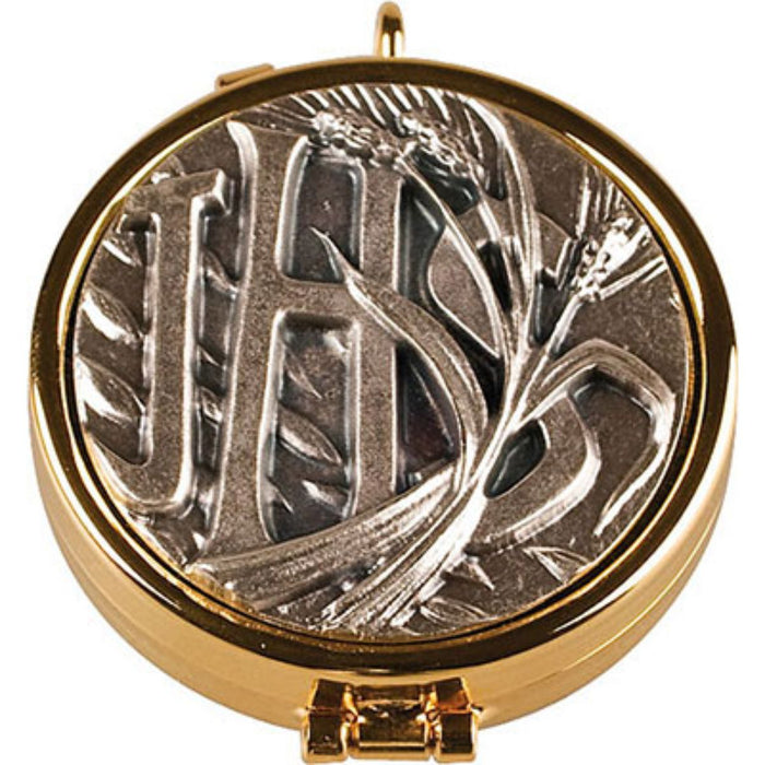 Gold Plated & Silvered Pyx, IHS and Wheatsheaf Design, Holds 10 Peoples Wafers