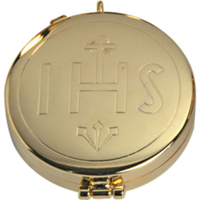 Gold Plated Pyx, I.H.S. Engraved Lid Design, Holds 10 Peoples Communion Hosts