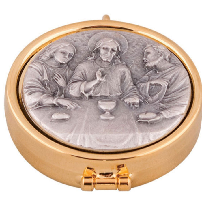 Gold Plated & Silvered Pyx, Last Supper Design, Holds 10 Peoples Wafers