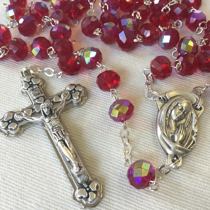 Red Glass Rosary With Tin Cut Beads, Bead Size 5mm x 8mm