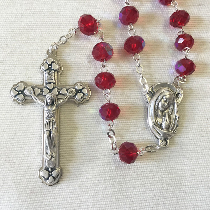 Red Glass Rosary With Tin Cut Beads, Bead Size 5mm x 8mm