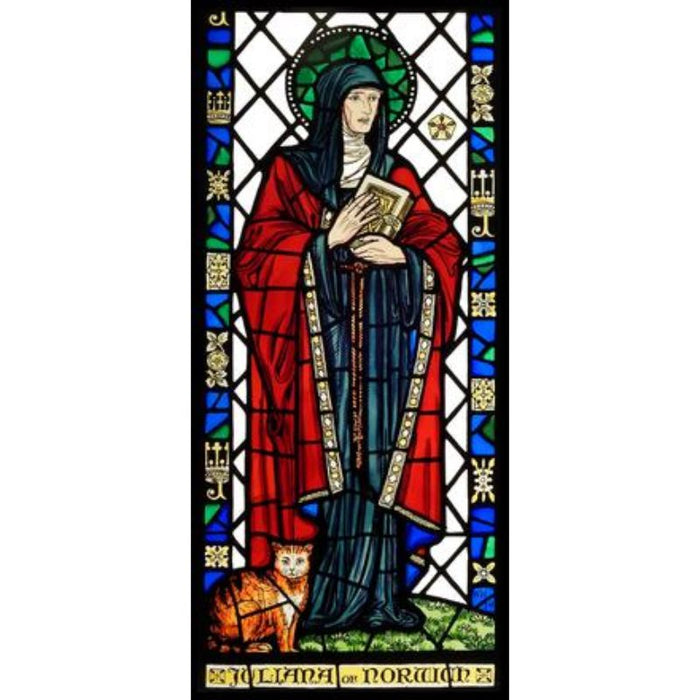 Cathedral Stained Glass, St Julian Of Norwich & Her Cat , Norwich Cathedral, Stained Glass Window Transfer 21.5cm High
