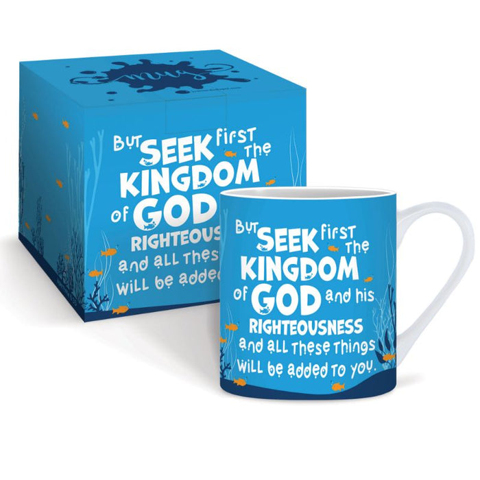 But Seek first the kingdom of God, Gift Boxed Bone China Mug With Bible Verse Matthew 6:33 Size 9cm / 3.5 Inches High