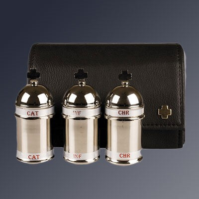 3 Holy Anointing Oil Bottles With Cross Shaped Finials, Complete With Leather Case