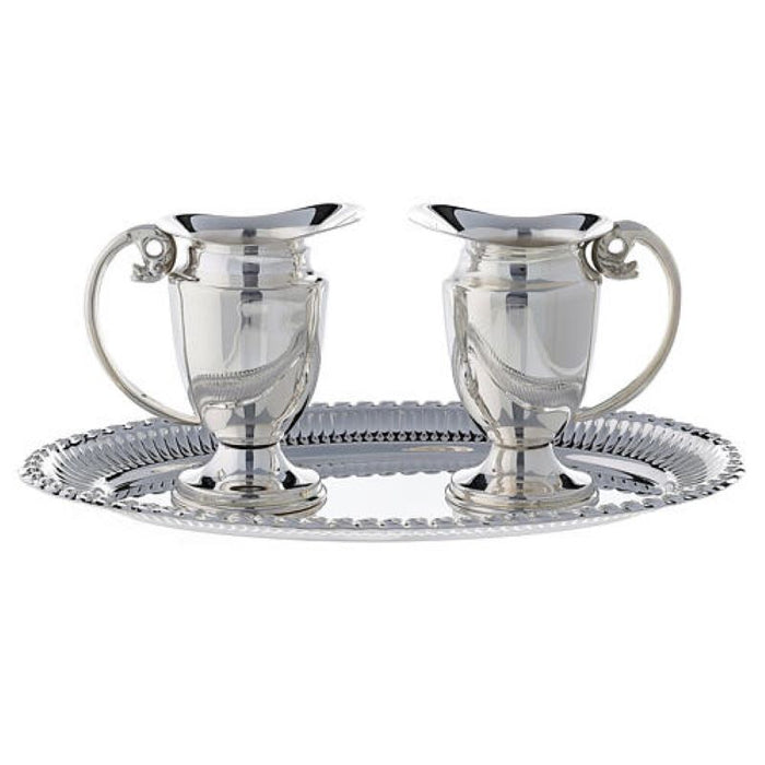 Silver Plated Engraved Brass Cruets & Tray, Each Ewer Holds 100ml
