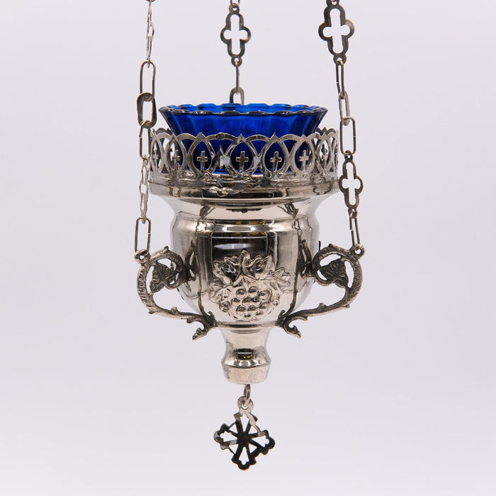Hanging Vigil Sanctuary Lamp, Silver Plated Open Lattice and Grape Design