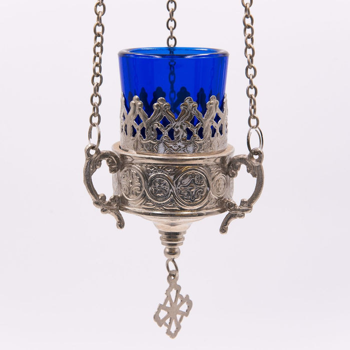 Hanging Vigil Sanctuary Lamp, Silver Plated With a Decorative Pattened Glass Holder LIMITED STOCK