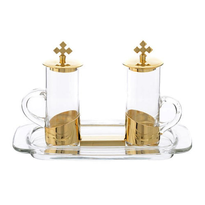 Small Gold Plated Cruet Set With Glass Tray, Cruet Height Including Cross Stopper 12cm / 4.75 Inches