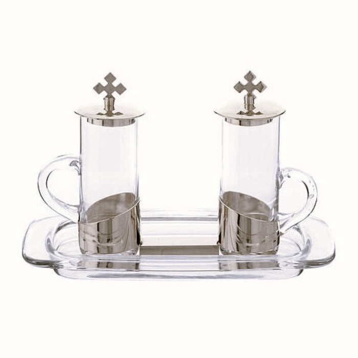 Small Silver Plated Cruet Set With Glass Tray, Cruet Height Including Cross Stopper 12cm / 4.75 Inches