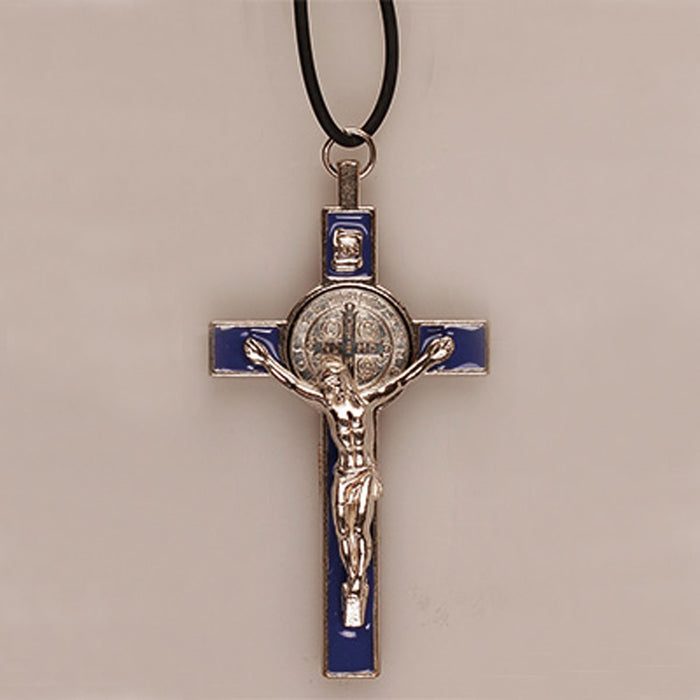 St Benedict Crucifix - Blue Enamel 3 Inches / 7.5cm High With Adjustable Neck Cord