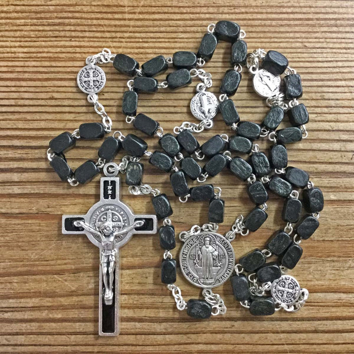 St Benedict Black Wooden Rosary Beads 8mm x 4mm Rectangular Beads