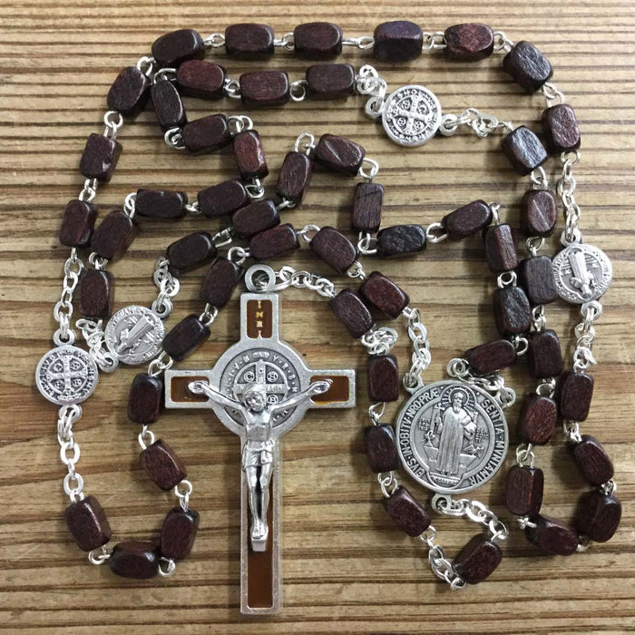 St Benedict Brown Wooden Rosary Beads 8mm x 4mm Rectangular Beads