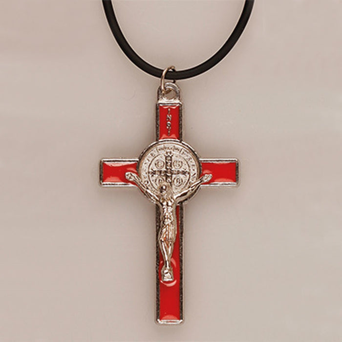 St Benedict Crucifix - Red Enamel 2 Inches / 5cm High With Adjustable Neck Cord