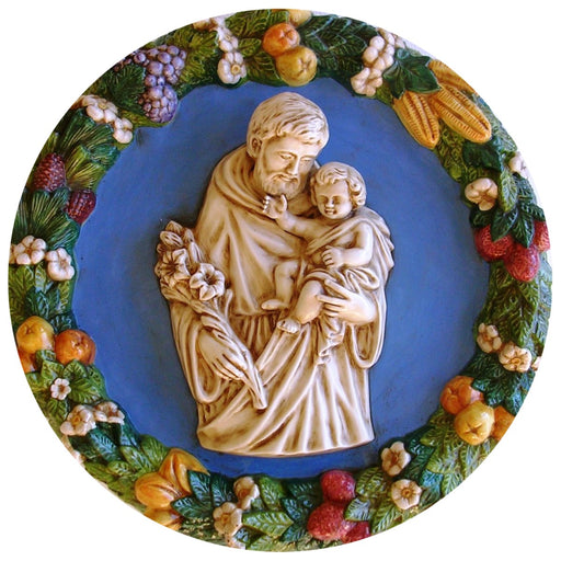 St Joseph & Child, Della Robbia Glazed Ceramic Plaque 56cm Diameter. SPECIAL ORDER ONLY