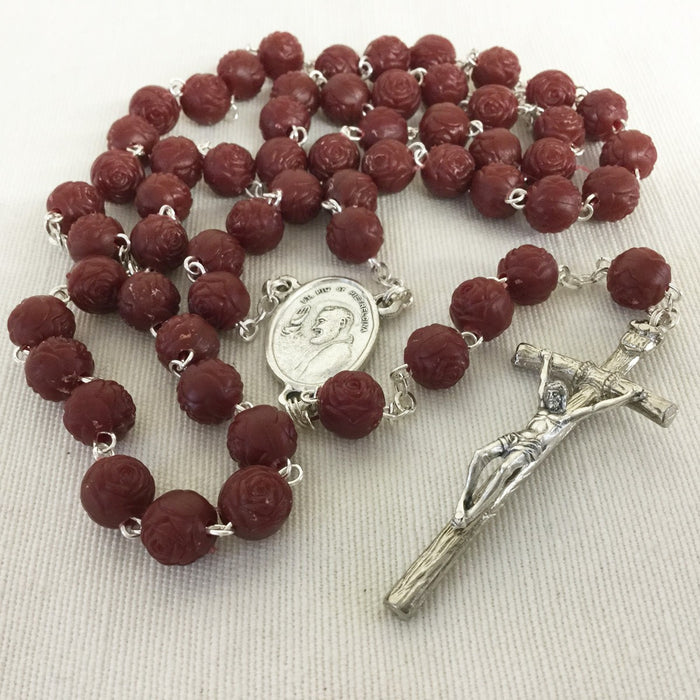 St Padre Pio, Rose Scented Rosary 7mm Rose Engraved Round Beads And Papal Crucifix