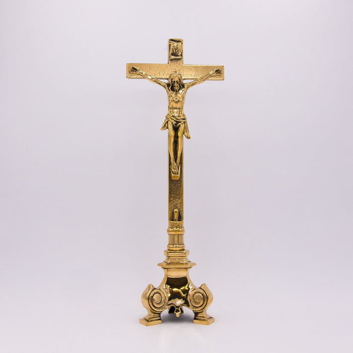 Standing Crucifix 17.5 Inches / 44cm High, Solid Brass With Tripod Design Base