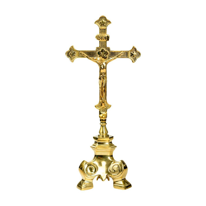 Standing Brass Crucifix With Baroque Design Base 33cm / 13 Inches High