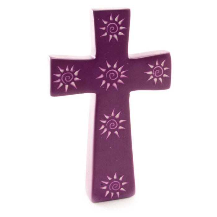 Standing Cross, Handcarved Purple Dyed Soapstone With Spiral Design 15.5cm / 6 Inches High
