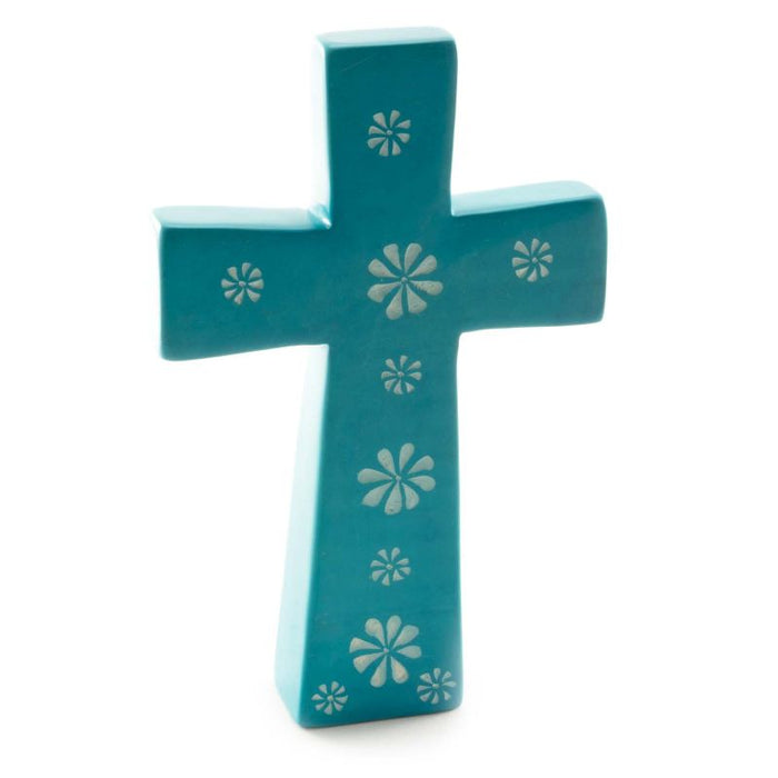 Standing Cross, Handcarved Turquoise Dyed Soapstone With Flower Design 15.5cm / 6 Inches High