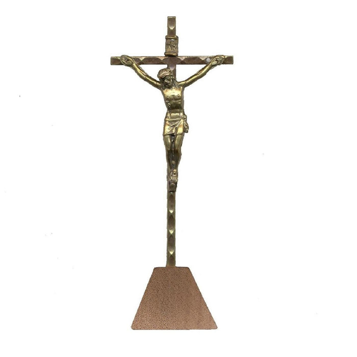 Brass Standing Crucifix With Wooden Base, 10cm / 4 Inches High