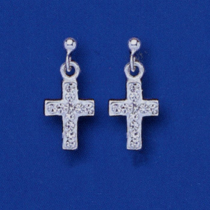Sterling Silver Austrian Crystal Cross Drop Stud Earrings 16mm In Length